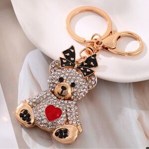 Gold Teddy Bear Keychain with Red Heart